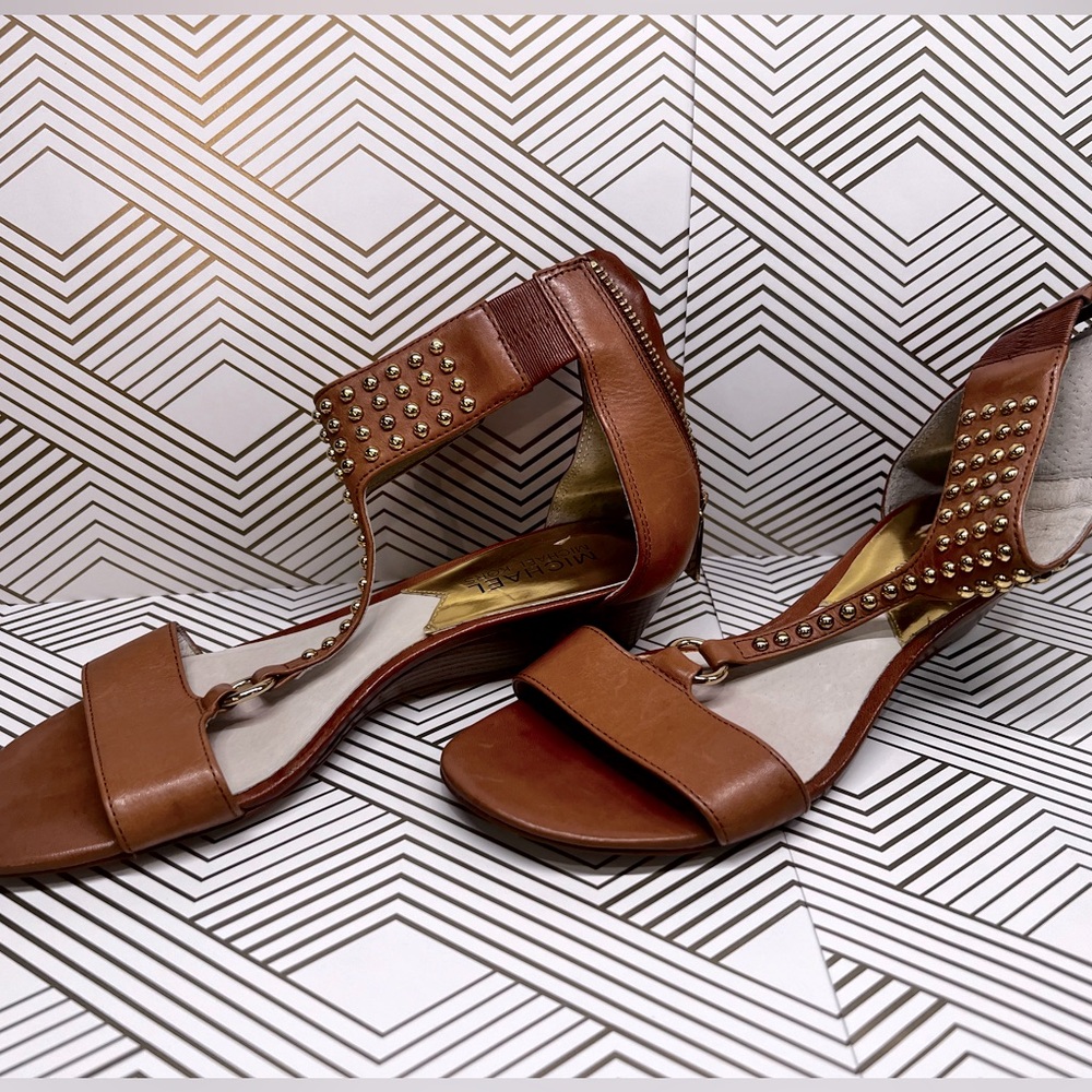 Michael Kors Celena Wedge size 6 Studded T-strap ankle  Wrap back zipper
